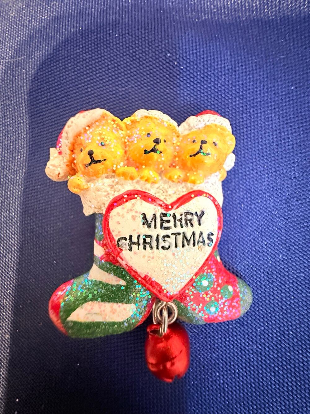 Vintage Christmas Teddy Bear Stocking Brooch Bell